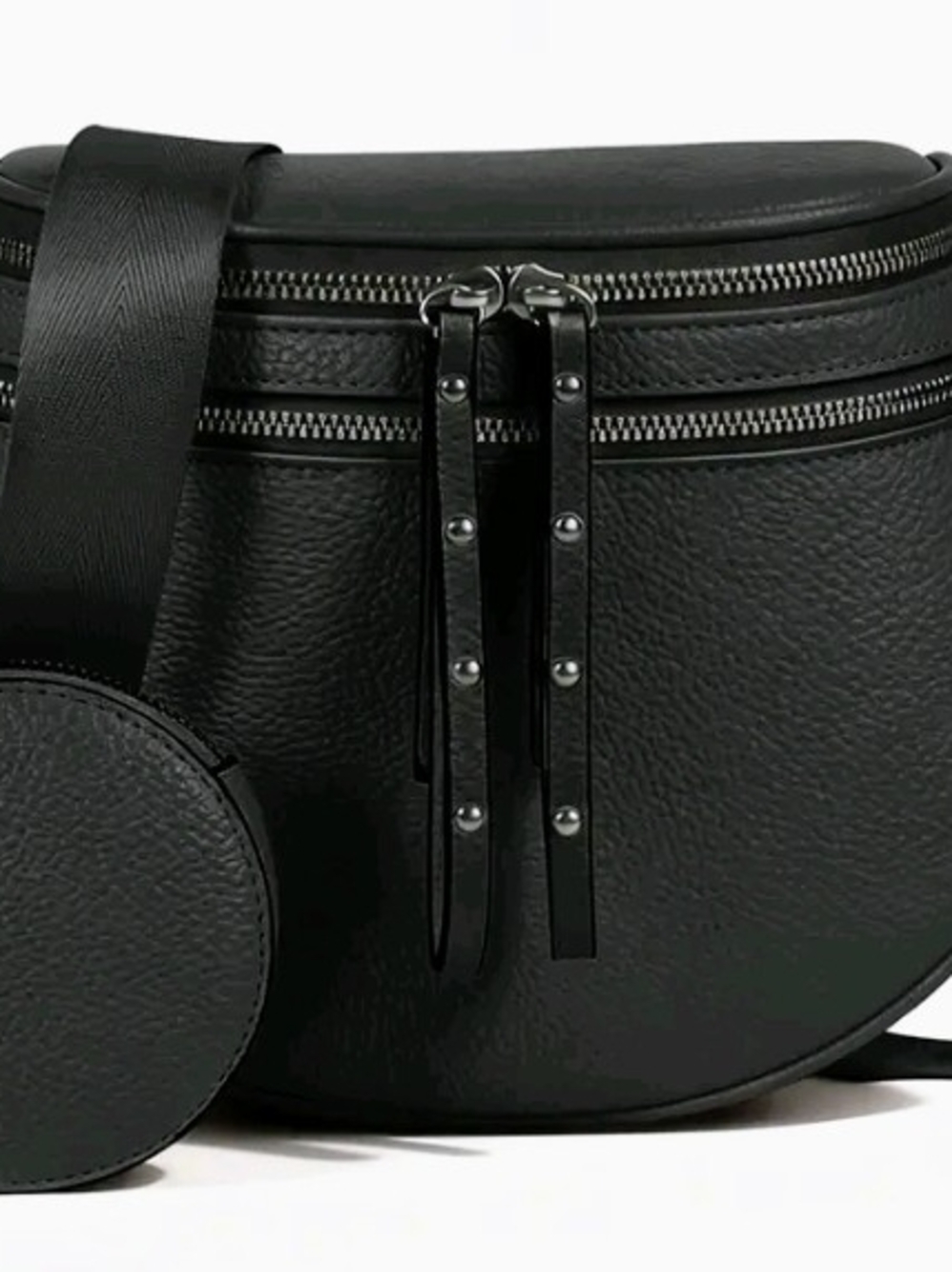 Men's Black Leather Crossbody Bag with Studded Zipper Pulls